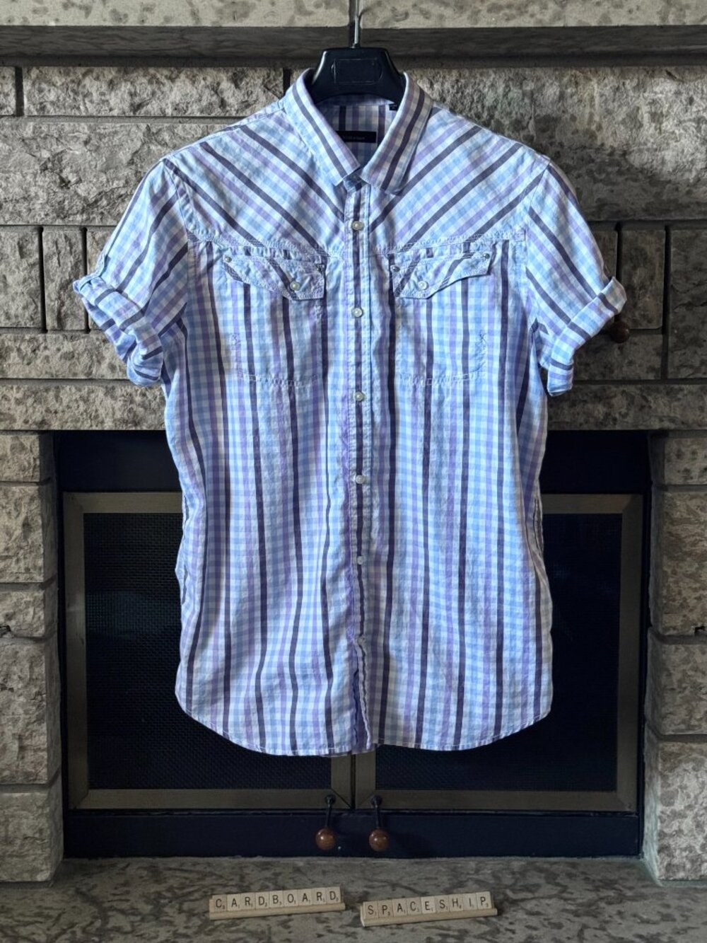Vintage Matinique Danish Checkered Roll Tab Sleeve Utility Shirt Mens XL Blue
